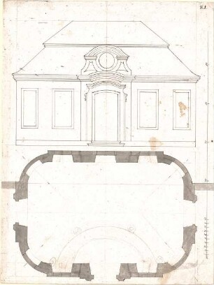 Pedetti, Peter Moritz (Maurizio); Eichstätt; Sommerresidenz (Codex Aureatinus) - Mittelpavillon - Gartenfassade (Grundriss, Aufriss)