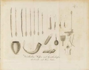 Taf. 2.: Verschiedene Waffen und Geräthschaften der Cotoatos und Puris Indier.