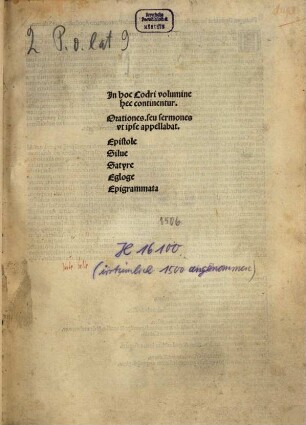 In hoc Codri volumine hec continentur. Orationes. seu sermones ut ipse appellabat. Epistolae, Silvae, Satyrae, Egloge, Epigrammata
