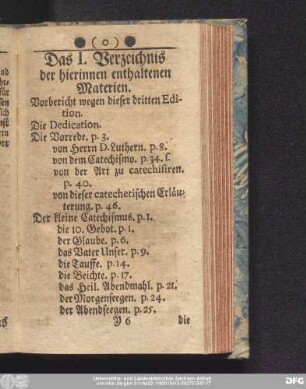 Das I. Verzeichnis der hierinnen enthaltenen Materien.