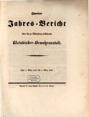 Jahres-Bericht über die zu Würzburg bestehende Kleinkinder-Bewahranstalt. 1837/38 (1838)