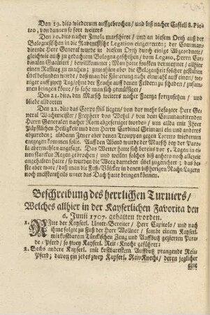 Beschreibung des herrlichen Tuniers/ Welches allhier in der Kayserlichen Favorita den 6. Junii 1707. gehalten worden