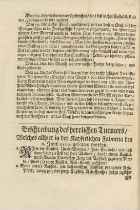 Beschreibung des herrlichen Tuniers/ Welches allhier in der Kayserlichen Favorita den 6. Junii 1707. gehalten worden