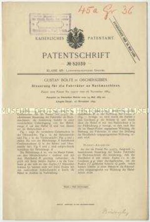 Patentschrift einer Steuerung für die Fahrräder an Hackmaschinen, Patent-Nr. 52039