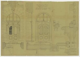 Thiersch, Friedrich von; München; Justizpalast - Eingangstür im Osttreppenhaus (Teilgrundriss, Ansichten, Schnitte)