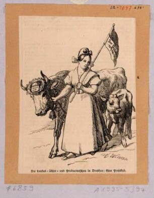 Eine prämierte Kuh mit Kälbchen, von einer Bäuerin geführt, auf der Landwirtschaftsschau vom 25. bis 27. Mai 1852 in Dresden auf dem Gelände der Vogelwiese