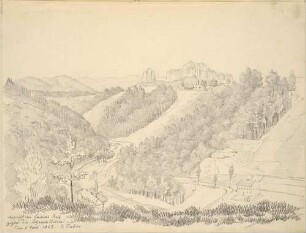 Die Schrammsteine in der Sächsischen Schweiz, Blick von Lauras Ruh (etwa oberhalb der Kirnitzschtalstraße) über den Ort Ostrau