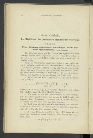 Erster Abschnitt. Die Möglichkeit der Construction algebraischer Ausdrücke.