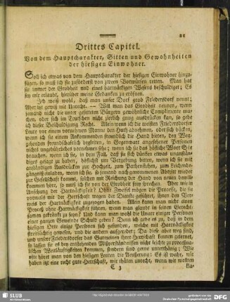 Drittes Capitel. Von dem Hauptcharakter, Sitten und Gewohnheiten der hiesigen Einwohner