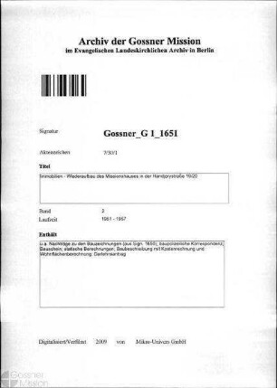 Immobilien - Wiederaufbau des Missionshauses in der Handjerystraße 19/20