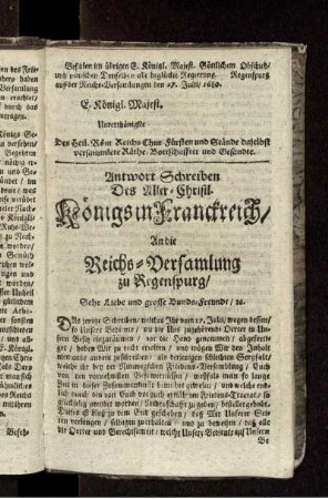 Antwort Schreiben Des Aller-Christl. Königs in Franckreich/ An die Reichs-Versamlung zu Regenspurg