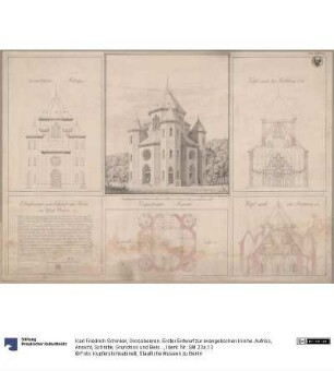Grossbeeren. Erster Entwurf zur evangelischen Kirche. Aufriss, Ansicht, Schnitte, Grundriss und Beischrift