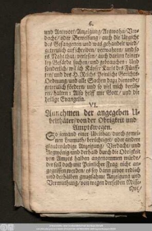 VI. Annehmen der angegeben Ubelthäter/ von der Obrigkeit und Amptswegen.