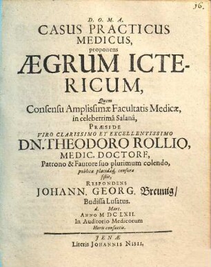 Casus Practicus Medicus, proponens Aegrum Ictericum
