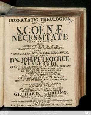 Dissertatio Theologica Circularis De S. Coenæ Necessitate : E Joh. VI. vs. 53. Asserta