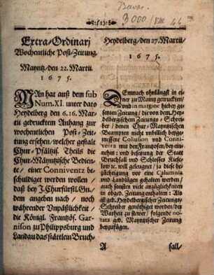 Extra-Ordinari wochentliche Post-Zeitung, 1675, 22./27. März