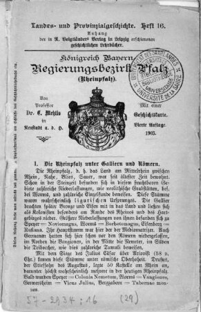H. 16: Königreich Bayern : Regierungsbezirk Pfalz (Rheinpfalz)