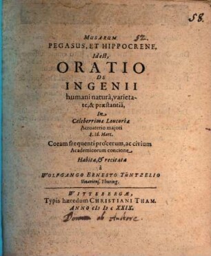 Musarum Pegasus et Hippocrene, id est, oratio de ingenii humani natura, varietate et praestantia