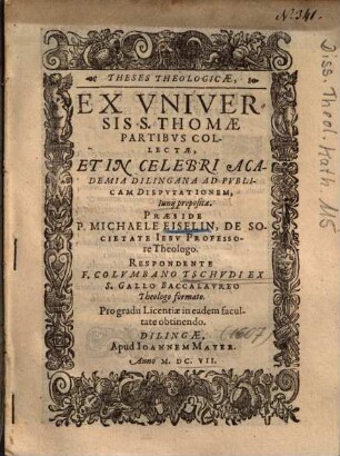 Theses theologicae, ex universis S. Thomae partibus collectae