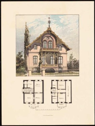 Villa, Berlin-Lichterfelde: Grundriss Erdgeschoss und Obergeschoss, perspektivische Ansicht