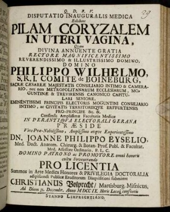 Disputatio Inauguralis Medica Exhibens Pilam Coryzalem In Uteri Vagina