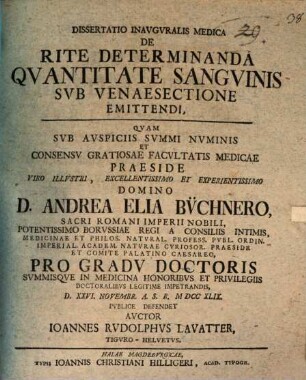 Diss. inaug. med. de rite determinanda quantitate sanguinis sub venae sectione emittendi