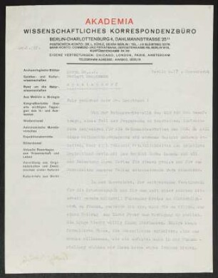 Brief von Ludwig Kühle von Akademia Wissenschaftliches Korrespondenzbüro an Gerhart Hauptmann