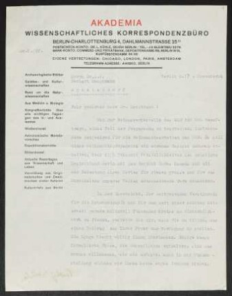 Brief von Ludwig Kühle von Akademia Wissenschaftliches Korrespondenzbüro an Gerhart Hauptmann