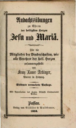 Andachtsübungen zu Ehren der heiligsten Herzen Jesu und Mariä
