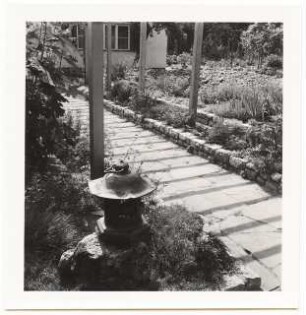 Garten Prof. Wilhelm Kempff, Potsdam: Laterne an der Pergola, Plattenweg