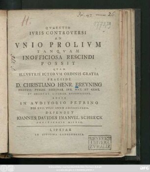 Qvaestio Ivris Controversi An Vnio Prolivm Tanqvam Inofficiosa Rescindi Possit
