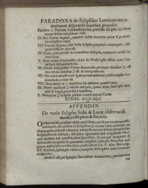 Appendix De variis Eclipses Solis & Lunæ observandi modis, ex Keplero & Ricciolo.