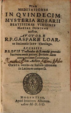 Piae meditationes in quindecim mysteria rosarii beatissimae virginis Mariae dominae nostrae