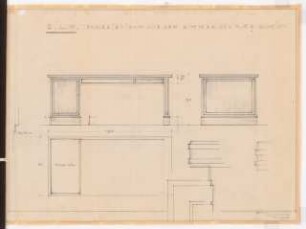Reichsluftfahrtministerium, Berlin: Zimmer Abteilungsleiter M[inister-].R[at]. Scheidt Q2R: Schreibtisch Ansichten, Grundriss [1:10], Details