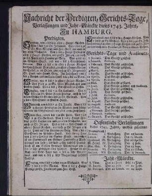 Nachricht der Predigten, Gerichts-Tage, Verlassungen und Jahr-Märckte dieses 1743. Jahrs, In Hamburg.