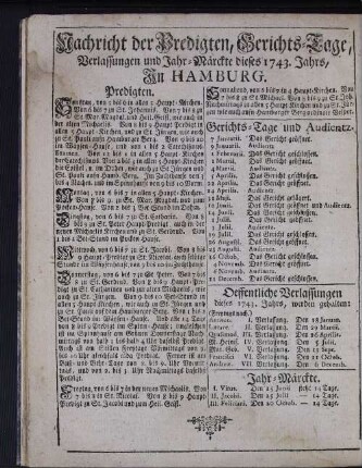 Nachricht der Predigten, Gerichts-Tage, Verlassungen und Jahr-Märckte dieses 1743. Jahrs, In Hamburg.