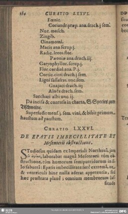 Curatio LXXVI. [Curatio LXXIX.] De Epatis Imbecillitate Et Mesenterii obstructione
