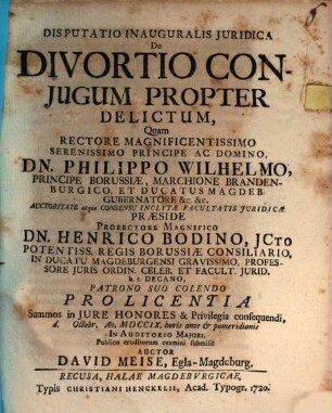Disp. inaug. iur. de divortio coniugum propter delictum