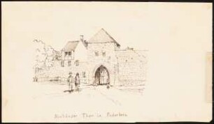 Neuhäuser Tor, Paderborn: Perspektivische Ansicht des Stadttores mit Mauer und Staffage