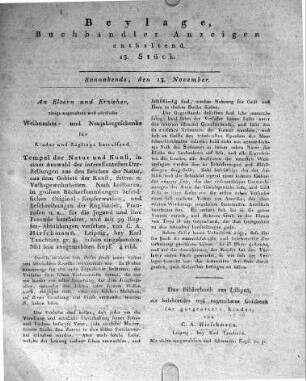 Beylage, Buchhändler Anzeigen enthaltend, 15. Stück.