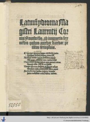 Latinum ydeoma Magistri Laurentij Coruini Nouoforensis. ab innumeris fere mendis quibus antehac scatebat: penitus exemptum. ...