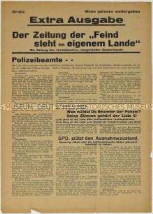 Sonderdruck der "Revolutionären Jungarbeiter Deutschlands" zu einer Reichstagswahl 1932 mit Ausrichtung auf die Polizeibeamten