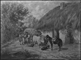 Ungarische Bauern mit Ochsengefährt und Pferden vor dem strohgedeckten Bauernhaus im Gespräch