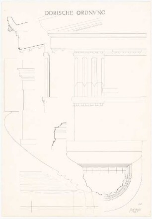 Säule dorischer Ordnung: Teilaufrisse, Details, u. a. Triglyphe, Geison, Sima mit Wasserspeier, Architrav mit Kapitell