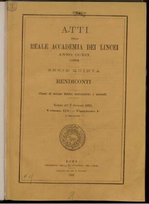 Seduta del 7 Gennaio 1894. Volume III. - Fascicolo 1.