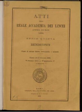 Seduta del 7 Gennaio 1894. Volume III. - Fascicolo 1.
