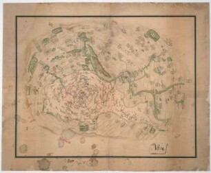 [Rundkarte kursächsischer Waldgebiete] : No.19 ; [Dresdner Heide mit Junger Heide, Poisenwald und Hartha] / [nach einer Originalzeichnung von J. Humelius]. - [Kopie des Originals von um 1560]. - [Dresden] , [um 1750]. - 1 Kt. : Feder- u. Pinselzeichnung, aquarelliert ; Blattgr. 64 x 52 cm Kreiskarte für Jagd- u. Forstzwecke. - Original im Hauptstaatsarchiv Dresden, Inv.-Nr. VI 77 & VI 78. - Erläuterungen der Kartenzeichen im Forstzeichenbuch Nr.2 der Dresdner Heide von 1572 : Karte der Waldgebiete um Dresden, Federzeichnung, um 1560. Zustand vor der Restaurierung