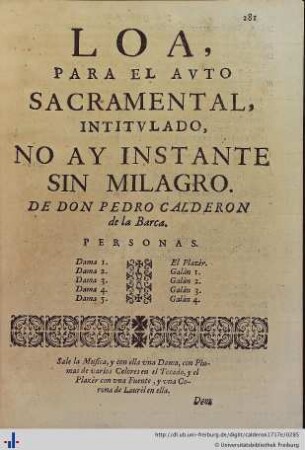 Loa para el Auto Sacramental No ay Instante sin Milagro.