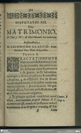 Disputatio XXI. De Matrimonio