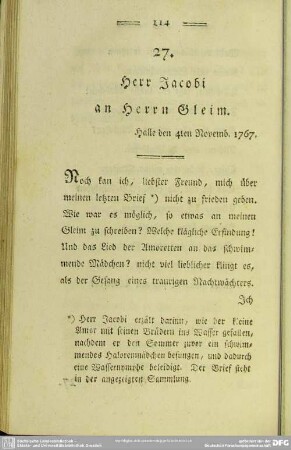 27. Herr Jacobi an Herrn Gleim. Halle den 4ten Novemb. 1767